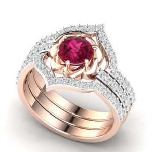 Rose gold red ruby & CZ bridal ring set